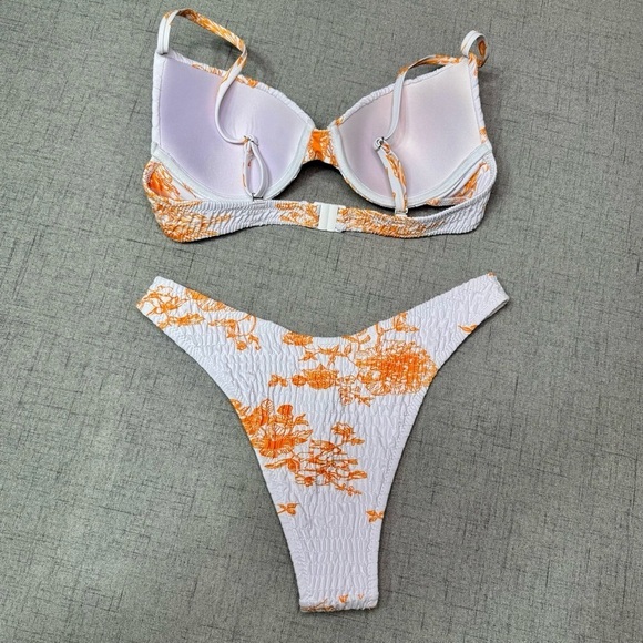Floral Ruched Two Piece Bikini Set White Orange Tropical Shirred Cheeky Medium - Picture 6 of 9